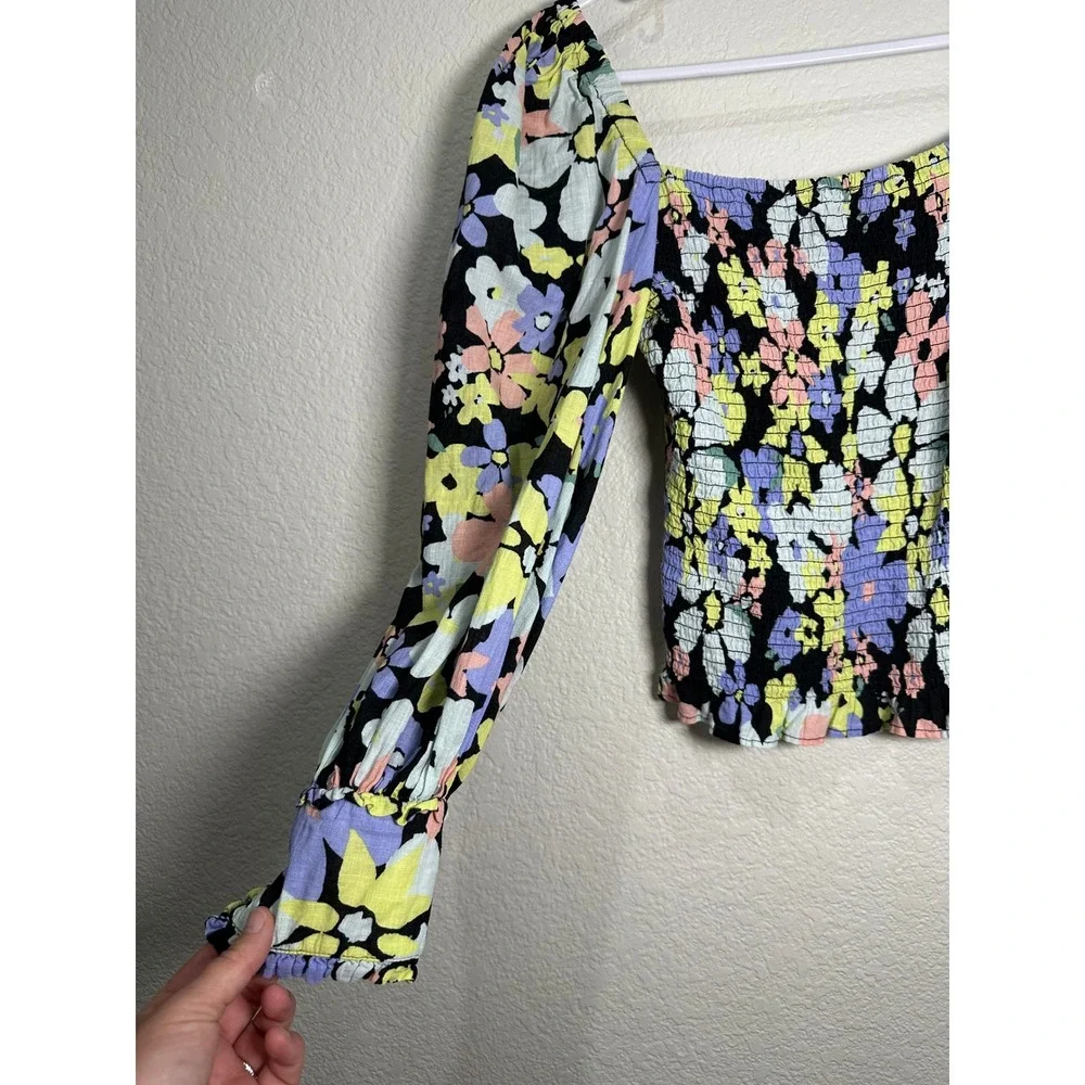Free People Smocked Floral Crop Top Square Neck Puff Sleeve Multicolor XS